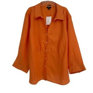 Talbots Woman 2X Linen Button Down Shirt Top NWOT Long Sleeves Collared Melon